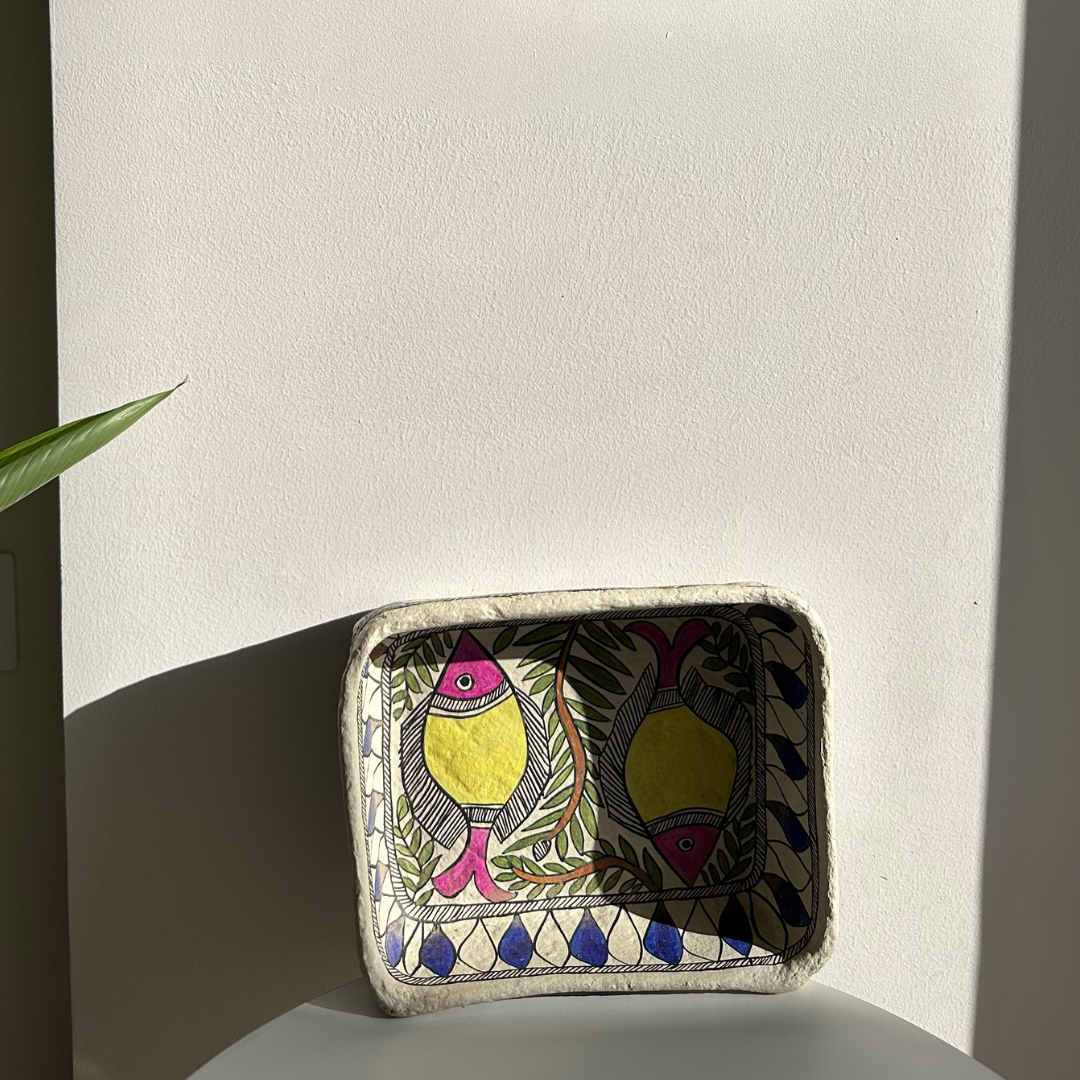 Madhubani Papier Mache I Organiser I Tray I Fish green