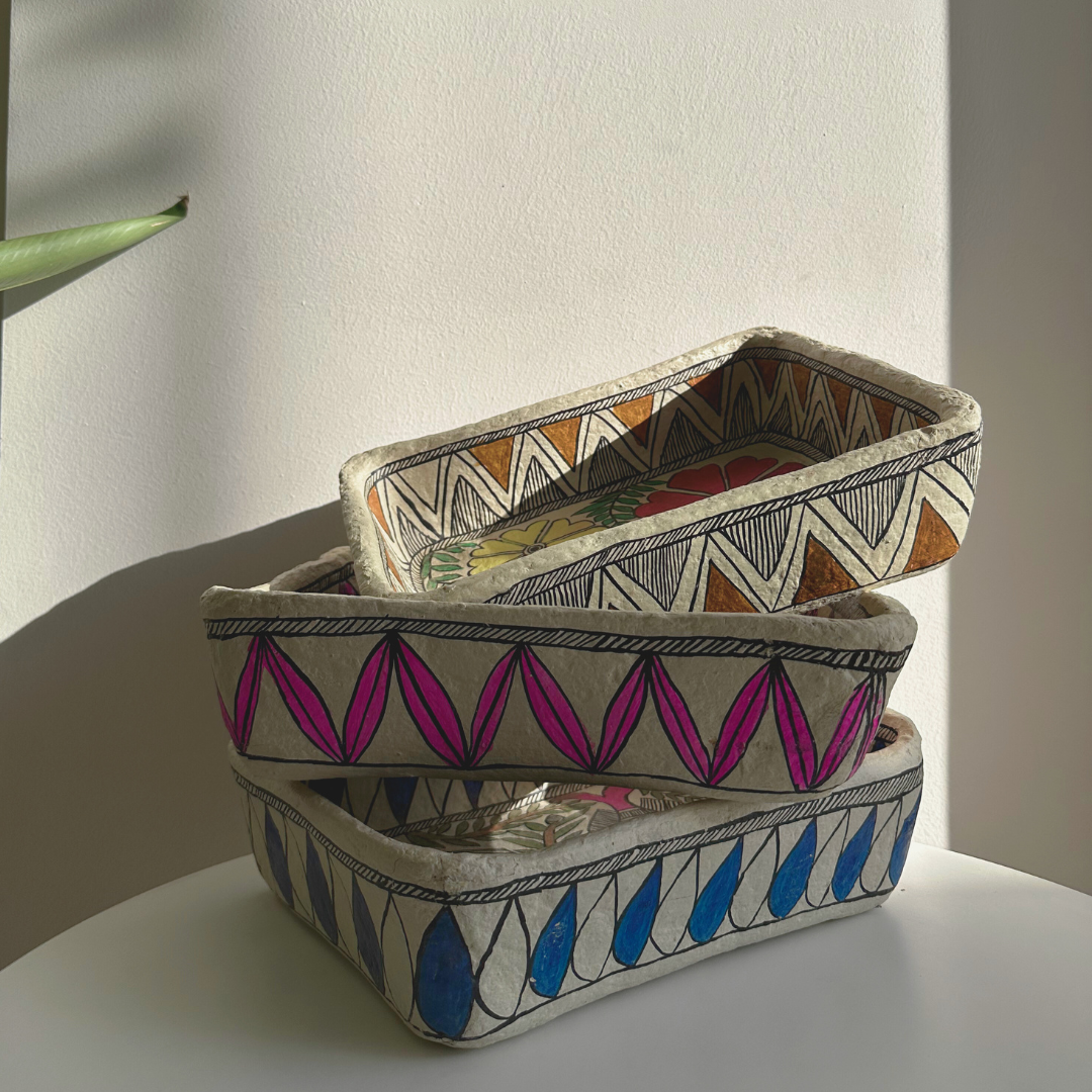 Madhubani Papier Mache I Organiser I Tray I Fish green