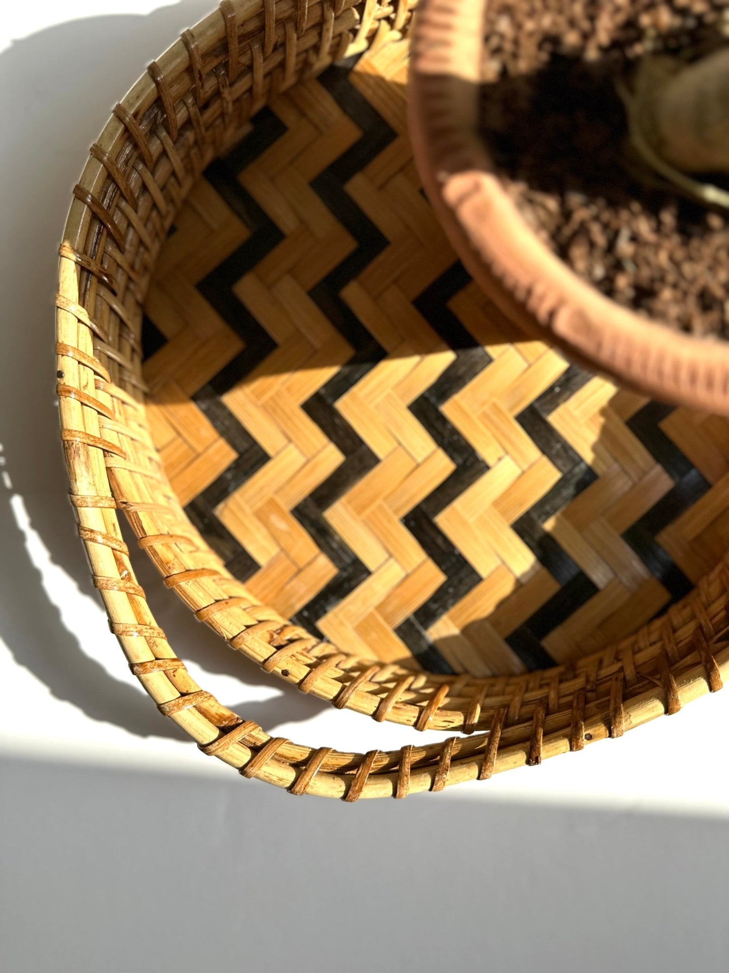 Chevron Rattan tray with handles